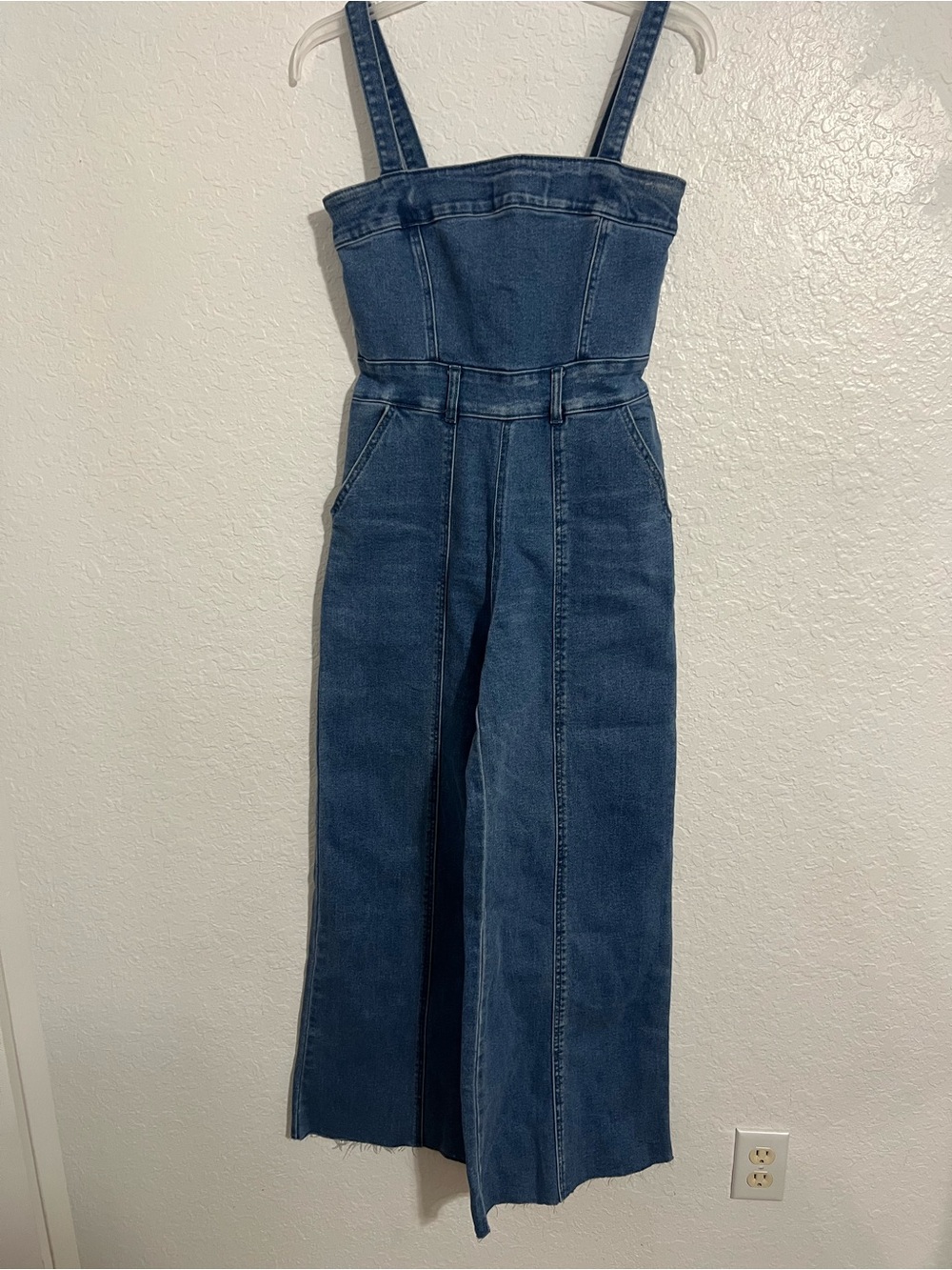 FOREVER 21 Retro Light Blue Chic Wide-Leg Denim Jumpsuit Size S Zip Back # 649